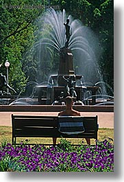 australia, benches, flowers, fountains, furniture, lamp posts, men, nature, park, people, plants, shade tree, structures, sydney, trees, vertical, water, photograph