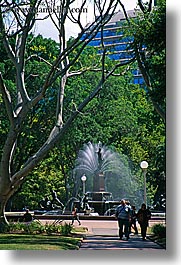 australia, fountains, lamp posts, nature, park, plants, shade tree, structures, sydney, trees, vertical, water, photograph