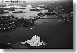 aerials, australia, black and white, bridge, buildings, harbor, horizontal, houses, nature, opena, opera house, structures, sydney, water, photograph