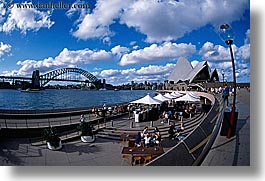 australia, bridge, buildings, clouds, harbor, horizontal, lamp posts, nature, opera house, sky, structures, sydney, tents, water, photograph