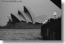 australia, black and white, buildings, harbor, horizontal, lamp posts, nature, opera house, structures, sydney, water, photograph