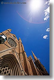 australia, buildings, churches, nature, religious, sky, spire, st marys cathedral, structures, sun, sydney, vertical, photograph