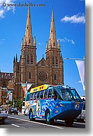 australia, buildings, bus, churches, religious, st marys cathedral, structures, sydney, tourists, transportation, vertical, photograph