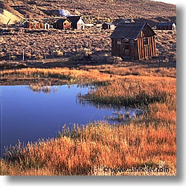 bodie, california, exteriors, ghost town, pond, square format, state park, west coast, western usa, photograph