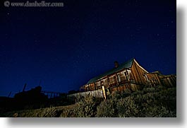antiques, bodie, california, ghost town, horizontal, houses, long exposure, nite, over, star trails, stars, state park, west coast, western usa, photograph