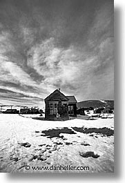 antiques, black and white, bodie, california, clouds, ghost town, houses, state park, vertical, west coast, western usa, winter, photograph