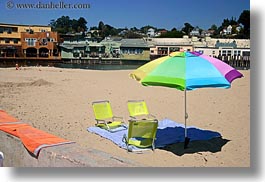 beaches, california, capitola, chairs, colorful, horizontal, umbrellas, west coast, western usa, photograph