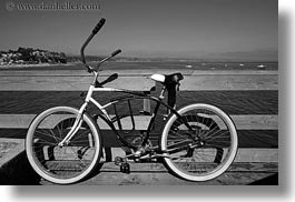 bicycles, black and white, california, capitola, horizontal, old, piers, west coast, western usa, wharf, photograph