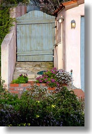 california, carmel, flowers, gates, houses, vertical, west coast, western usa, photograph