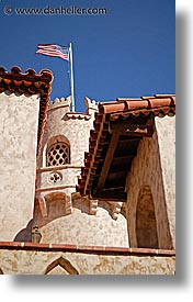 california, castles, death valley, exteriors, flags, national parks, scotty's castle, scottys castle, vertical, west coast, western usa, photograph