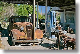 antiques, california, cars, death valley, gas, horizontal, national parks, shoshone, west coast, western usa, photograph