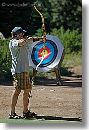 archery, arrows, baseball cap, bow, california, clothes, hats, kings canyon, men, target, vertical, west coast, western usa, photograph