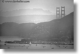 black and white, boats, bridge, california, horizontal, marin, marin county, north bay, northern california, san francisco bay area, sausalito, west coast, western usa, photograph