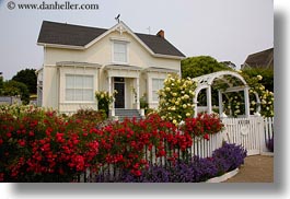 buildings, california, colors, fences, flowers, horizontal, houses, mendocino, structures, victorians, west coast, western usa, yellow, photograph