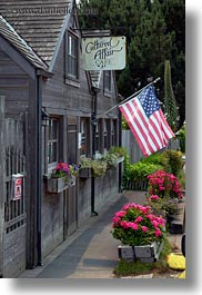 american, buildings, cafes, california, flags, flowers, mendocino, vertical, west coast, western usa, photograph