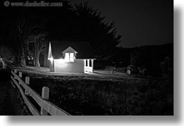 black and white, buildings, california, horizontal, houses, illuminated, long exposure, mendocino, nite, west coast, western usa, photograph