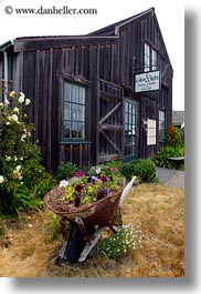 barn, barrow, buildings, california, flowers, mendocino, vertical, west coast, western usa, wheels, photograph
