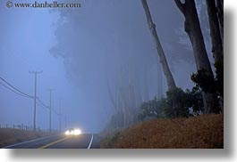 california, car headlights, cars, colors, fog, headlights, horizontal, mendocino, streets, telephone wires, west coast, western usa, white, photograph