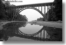 black and white, bridge, california, coastline, horizontal, mendocino, reflections, west coast, western usa, photograph