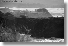black and white, california, cliffs, coastline, horizontal, houses, mendocino, west coast, western usa, photograph