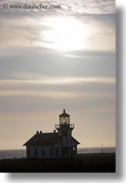 buildings, california, days, lighthouses, mendocino, silhouettes, structures, sun, vertical, west coast, western usa, photograph