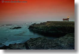 blues, buildings, california, colorful, colors, dusk, horizontal, lighthouses, long exposure, mendocino, nature, ocean, red, sky, structures, sun, sunsets, west coast, western usa, photograph