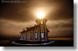 buildings, california, circles, fog, glow, glowing, horizontal, lighthouses, lights, long exposure, mendocino, nature, nite, structures, west coast, western usa, photograph