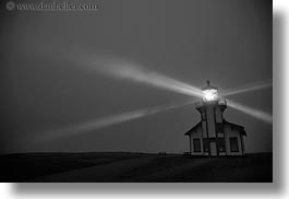 beams, black and white, blues, buildings, california, colors, horizontal, lightbeam, lighthouses, lights, mendocino, nite, slow exposure, structures, west coast, western usa, photograph