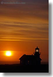 buildings, california, clouds, colors, lighthouses, mendocino, nature, oranges, silhouettes, sky, structures, sun, sunsets, vertical, west coast, western usa, photograph