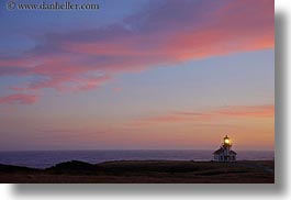 buildings, california, clouds, colorful, colors, dusk, horizontal, lighthouses, mendocino, nature, pink, sky, structures, sun, sunsets, west coast, western usa, photograph