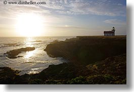 buildings, california, horizontal, lighthouses, mendocino, nature, ocean, silhouettes, sky, structures, sun, sunsets, water, west coast, western usa, photograph