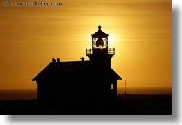 buildings, california, colors, horizontal, lighthouses, mendocino, nature, oranges, silhouettes, sky, structures, sun, sunsets, west coast, western usa, photograph
