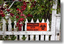biohazard, california, emotions, fences, flowers, horizontal, humor, mendocino, signs, structures, west coast, western usa, photograph