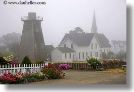 buildings, california, churches, flowers, fog, horizontal, mendocino, nature, steeples, structures, towers, water towers, west coast, western usa, photograph