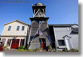 between, buildings, california, horizontal, houses, mendocino, structures, towers, water towers, west coast, western usa, photograph