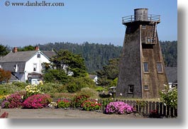 buildings, california, flowers, horizontal, mendocino, nature, structures, towers, water towers, west coast, western usa, photograph