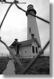 black and white, california, fences, lighthouses, pigeon point lighthouse, vertical, west coast, western usa, photograph