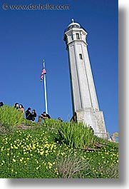 alcatraz, california, flagpole, lighthouses, san francisco, vertical, west coast, western usa, photograph