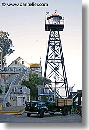 alcatraz, california, old, san francisco, towers, trucks, vertical, watches, west coast, western usa, photograph