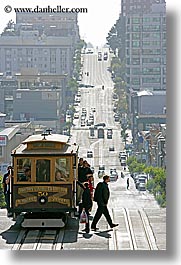 cable car, california, cars, pedestrians, people, san francisco, streets, traffic, vertical, west, west coast, western usa, photograph