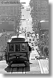 black and white, cable car, california, cars, san francisco, streets, traffic, vertical, west, west coast, western usa, photograph
