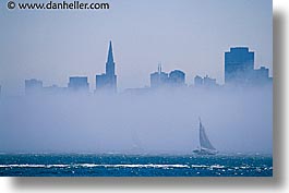 california, cityscapes, fog, horizontal, sailboats, san francisco, west coast, western usa, photograph
