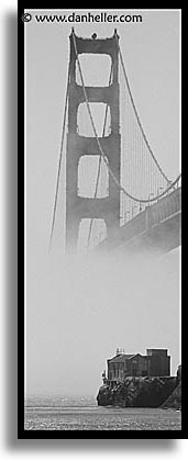 black and white, bridge, california, gate house, gates, golden gate, houses, national landmarks, old, san francisco, vertical, west coast, western usa, photograph