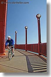 bridge, california, cyclists, golden gate, golden gate bridge, lamps, national landmarks, san francisco, vertical, west coast, western usa, photograph