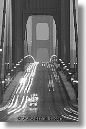 black and white, bridge, california, eve, evening, golden gate, golden gate bridge, national landmarks, san francisco, traffic, vertical, west coast, western usa, photograph