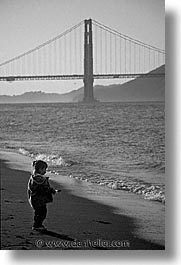 beaches, black and white, bridge, california, golden gate, golden gate bridge, kid, national landmarks, san francisco, vertical, west coast, western usa, photograph