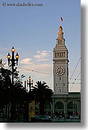buildings, california, clocks, lamp posts, ports, san francisco, towers, trees, vertical, west coast, western usa, photograph