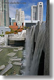 buildings, california, cityscapes, fountains, san francisco, vertical, water, waterfalls, west coast, western usa, yerba buena, photograph