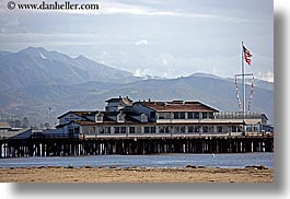 beaches, buildings, california, flags, horizontal, mountains, piers, santa barbara, west coast, western usa, photograph