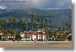 buildings, california, horizontal, mountains, nature, palm trees, plants, santa barbara, trees, west coast, western usa, photograph